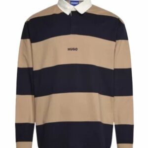 HUGO Men's Navy and Tan Striped Collared Polo Shirt XL